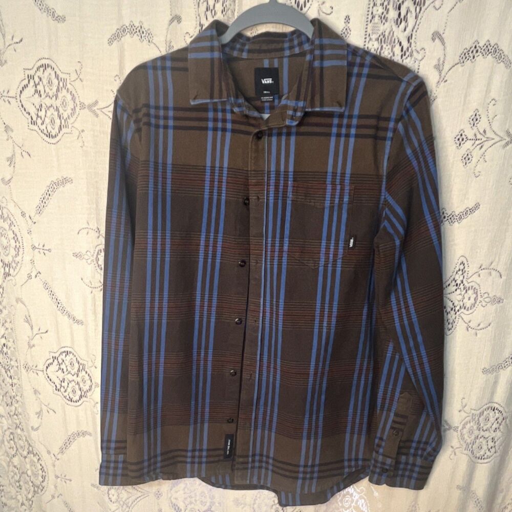 VANS Men's Plaid Classic Fit Button-Up Shirt Brown Blue Cotton Long Sleeve Small